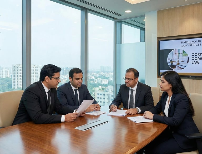 Corporate lawyers at Harsh Malik Law Offices in a strategic board meeting.