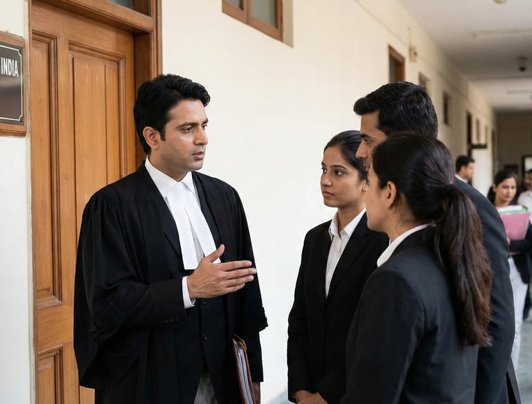Harsh Malik Law Offices advocates discussing a case in court hallway.