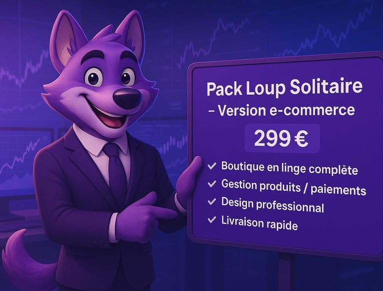 Mascotte Alpha Digital présentant le Pack Loup Solitaire version e-commerce – création de boutique e