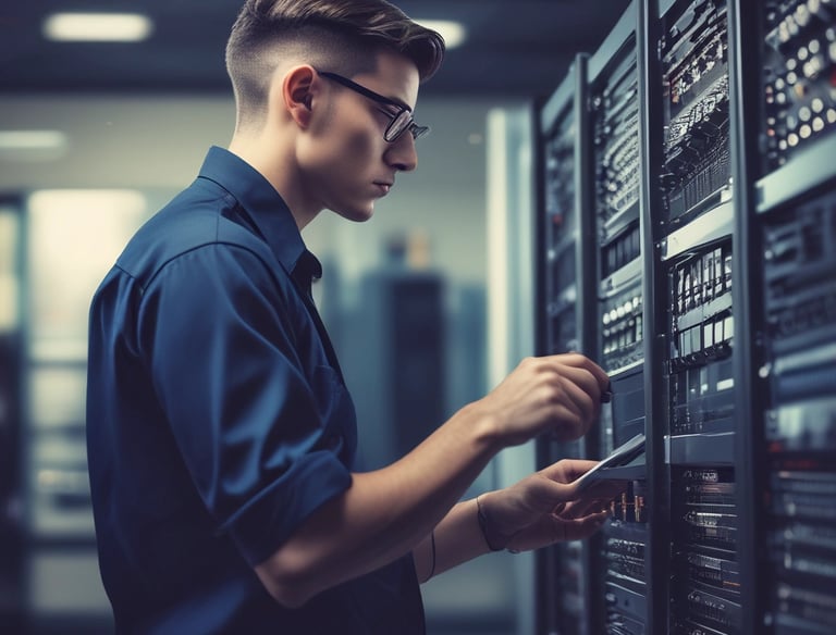 Technician assisting a small business owner with computer setup in Maringá office.