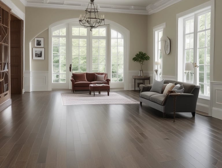 Close-up of a craftsman installing elegant wood flooring in a modern living room.