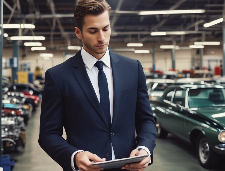 A friendly staff member discussing insurance paperwork with a customer in the shop office.