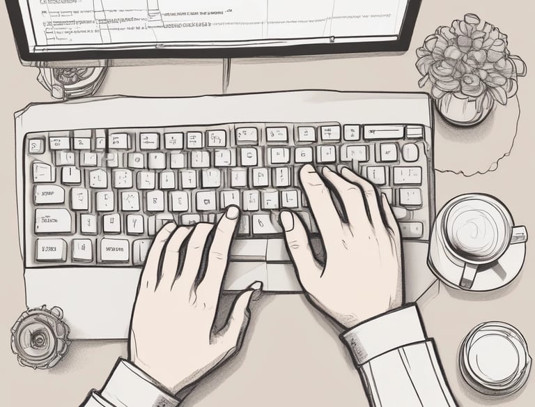 A close-up of hands typing on a keyboard with a coffee cup nearby.