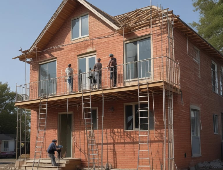 A building under renovation with extensive scaffolding surrounding its façade. The structure features classical architectural elements like ornate balconies and mansard roofs. Traffic barriers are placed at the base, indicating an active construction zone.