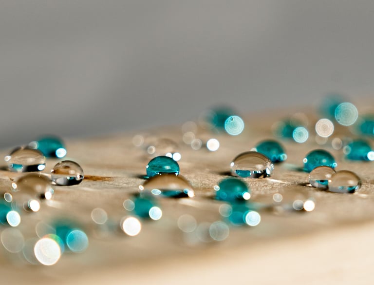 turquoise and clear water droplets on a wooden surface