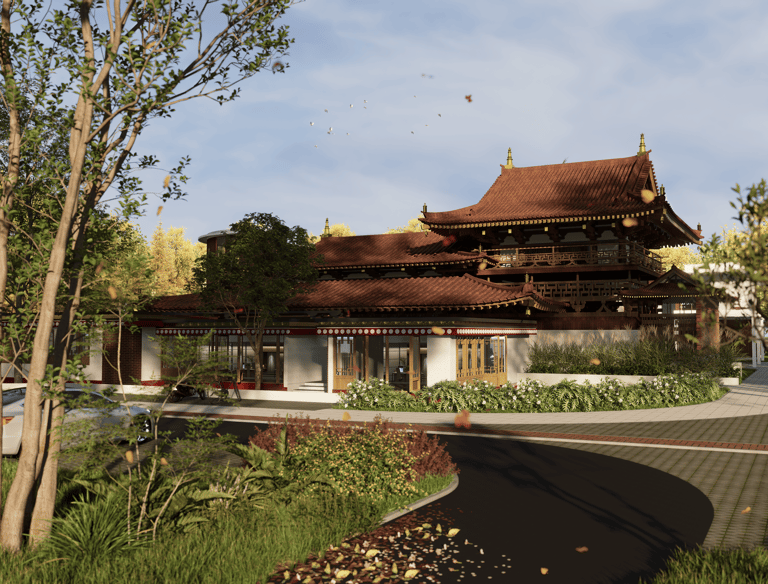 Architectural Design of a Tibetan Monk's Residence with traditional style roofs and good landscapes