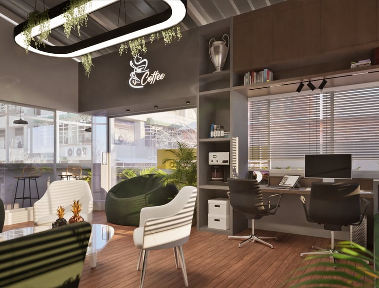 Interior Design of an Office, with cozy furniture, wide openings for natural light to enter