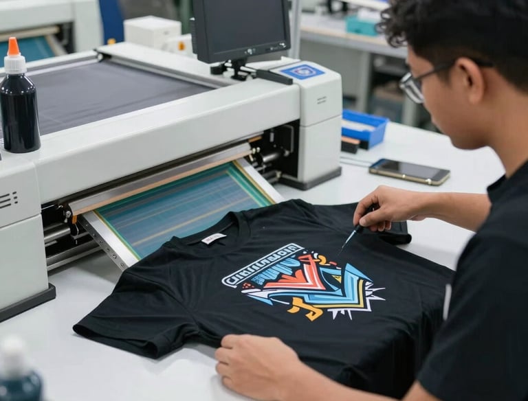 A screen printer using a squeegee to apply ink to a custom graphic t-shirt on a manual press.