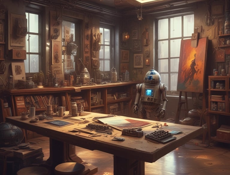 A droid making art in the back room of a cantina