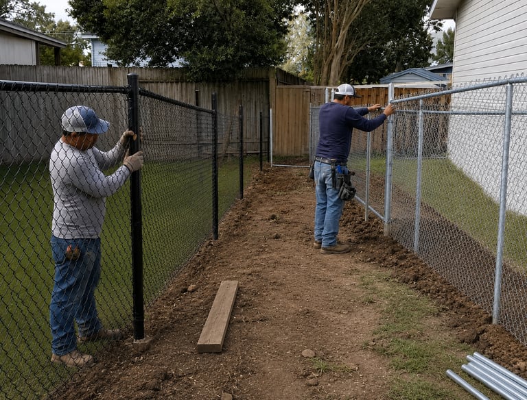 Professional contractors installing black and galvanized chain link fencing for a residential backyard.
