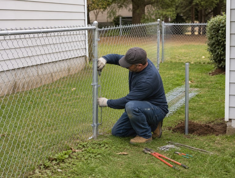 A professional contractor installs a galvanized steel chain link fence in a residential backyard.