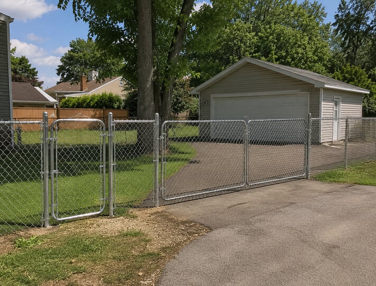 Galvanized chain link fence with a double swing driveway gate and walk-through gate.