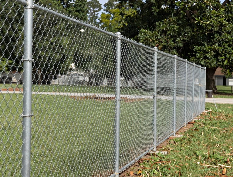 Durable galvanized steel chain link fence installed around a green lawn and garden area.