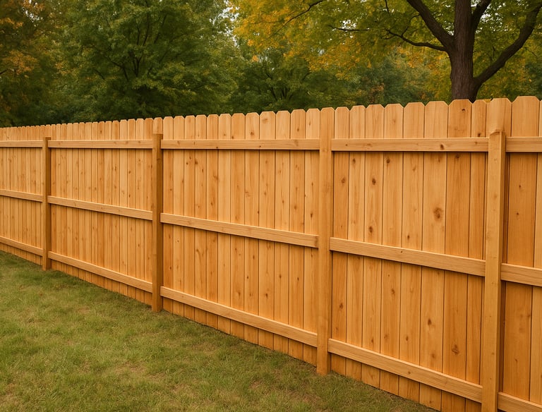 A high-quality cedar wood privacy fence installed in a backyard with green grass and autumn trees.