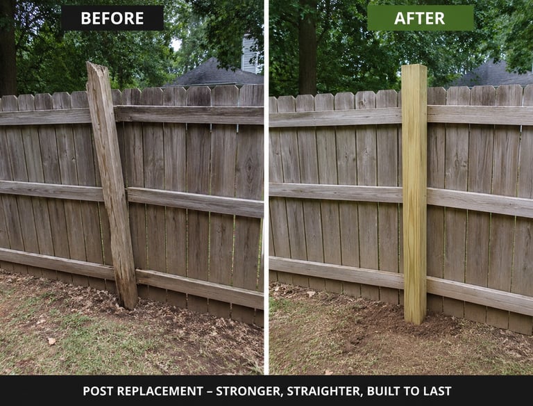 Before and after comparison of a rotten wood fence post replaced with a sturdy new pressure treated post.