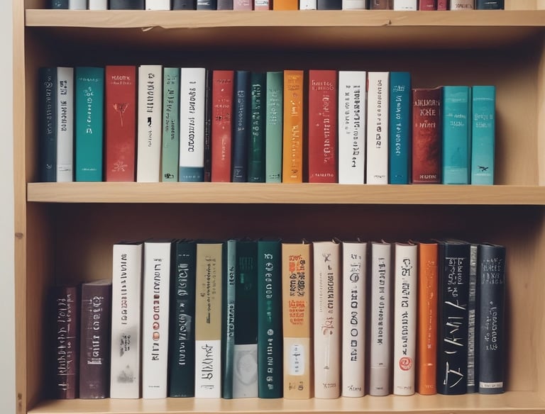 A close-up view of a bookshelf showing a psychology section label with books stored horizontally. One prominent book with a colorful spine that transitions from blue to red is partially visible.