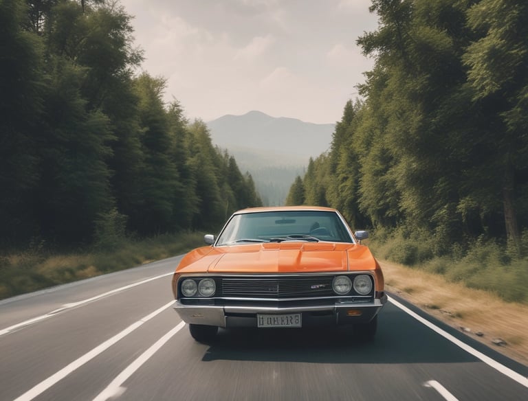 A car driving on a scenic road representing auto insurance.