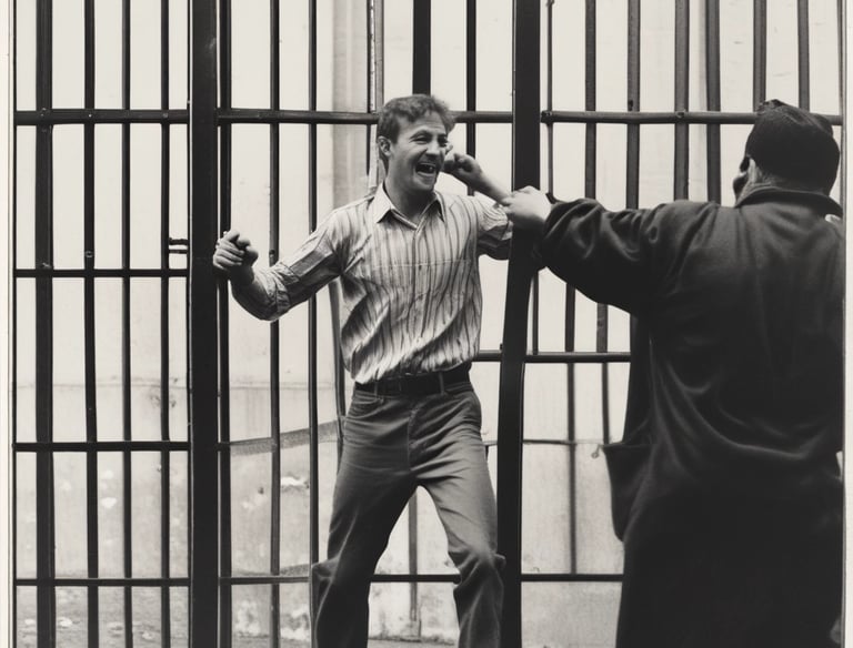 A person is seated behind bars with a book in front of them. The background is filled with various black-and-white portraits pinned to a wall, depicting different people.