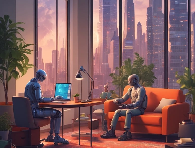 A modern interior with several people interacting with technology, including a digital currency ATM. One person is using a laptop at a table, another is standing at an ATM, and others are using their phones.