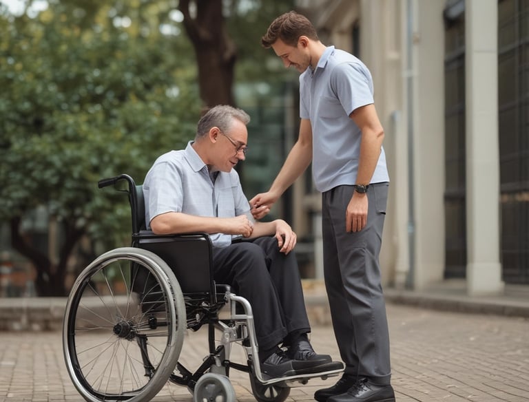 An elderly person with grey hair uses a hearing aid. The person is wearing glasses and has their finger touching the hearing aid behind their ear.