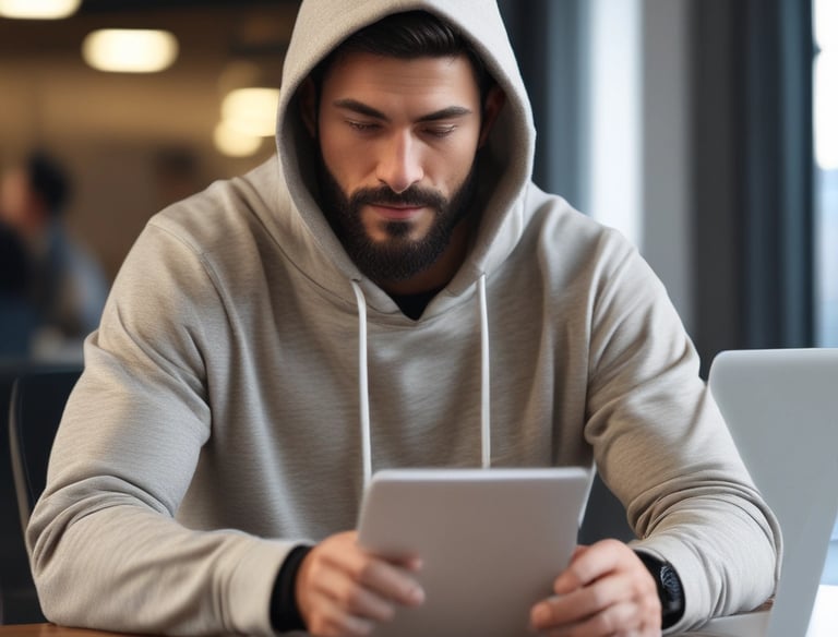 A man wearing a dark hoodie printed with 'Training Club RFW.' stands confidently in a gym setting. The background is softly blurred, highlighting a few wall decorations and warm lighting.