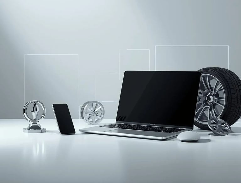 a laptop computer and a car tire on a table