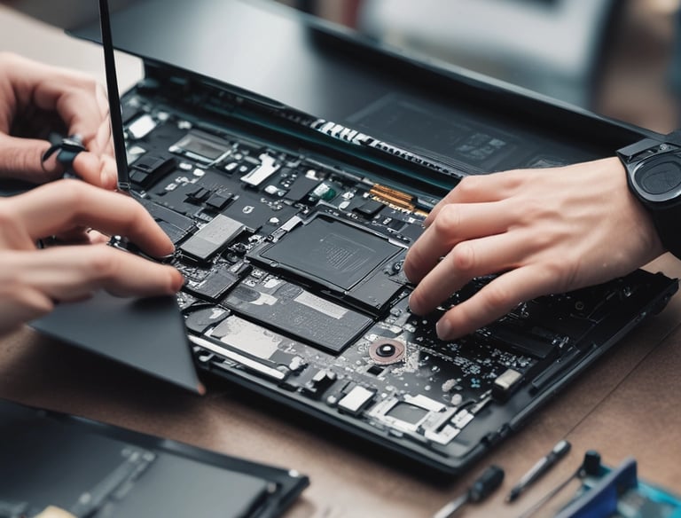 A smartphone displaying an application interface with various diagnostic tools is placed on a surface scattered with dark cylindrical objects resembling large batteries or tools. Beside the phone is a small black device with a label that includes text and a phone number.