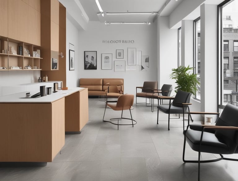 Two workers in protective gear are cleaning the large glass windows of a modern building. They are suspended mid-air by ropes and harnesses, equipped with cleaning tools.