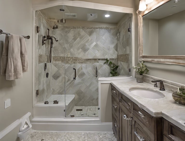 a bathroom with a shower and a large mirror