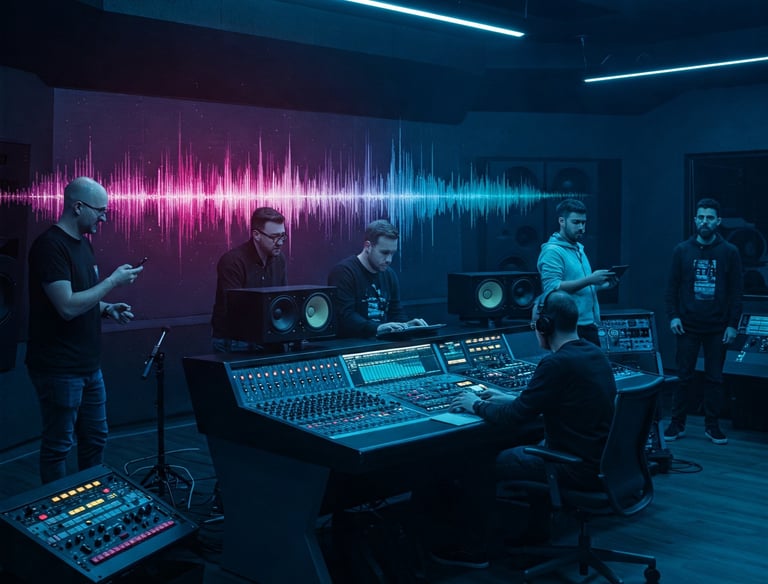 A collaborative team of artists meticulously crafting an exceptional album through professional prod