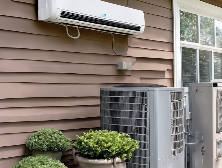 A series of air conditioning units are mounted on a metal structure outside a building with white paneling. Two large windows are visible behind the units, revealing the indoors with fluorescent lighting.