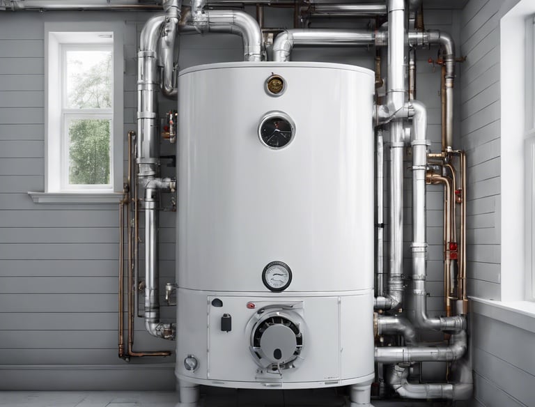 A brick building with a large sign reading 'WRF & S N Plumbing & Heating' on the front facade. There are advertisements for Goulds Pumps, water conditioners, and supplies on the wall. The storefront features large glass windows displaying plumbing-related items. The door on the left is labeled '15 N Main' and there is a sign indicating propane cylinder refills.