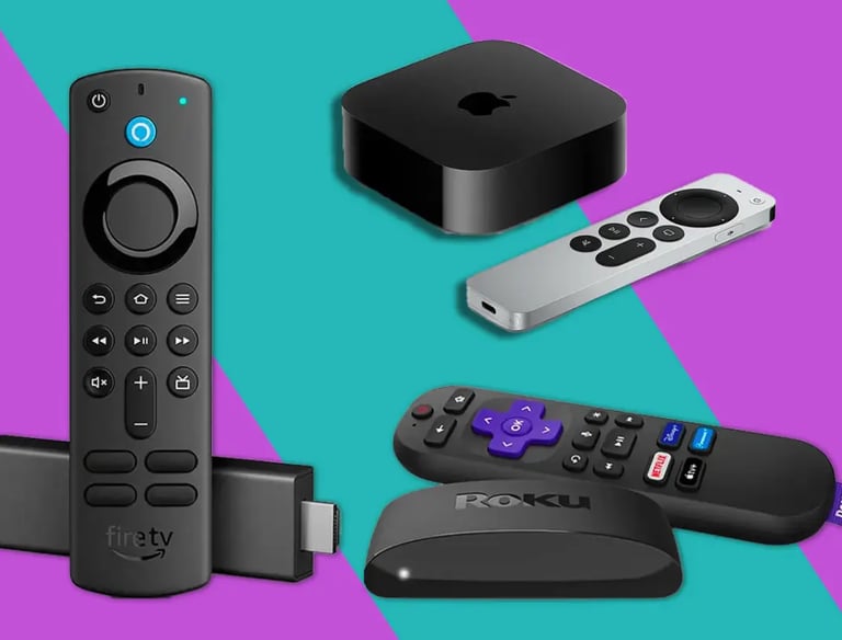 Digital media streaming devices like Amazon Firestick, Android TV, and Roku connected to a TV