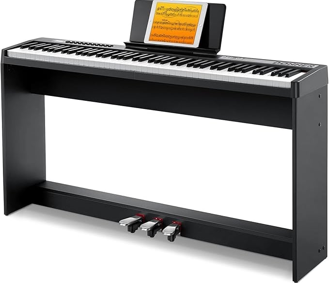 Digital piano keyboard with 88 velocity-sensitive keys, removable stand, LED display