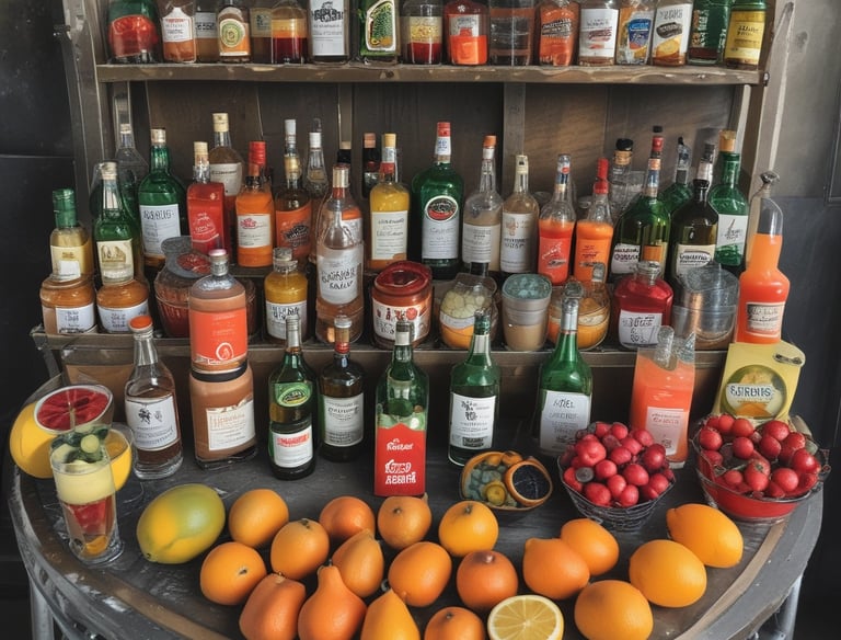 Two vibrant cocktails are placed on a bar counter. One cocktail is red with a slice of dried orange and a sprig of mint as garnish while the other is blue with foam on top and an ornate straw. Behind them, there are numerous bottles of liquor on shelves, creating a colorful background.