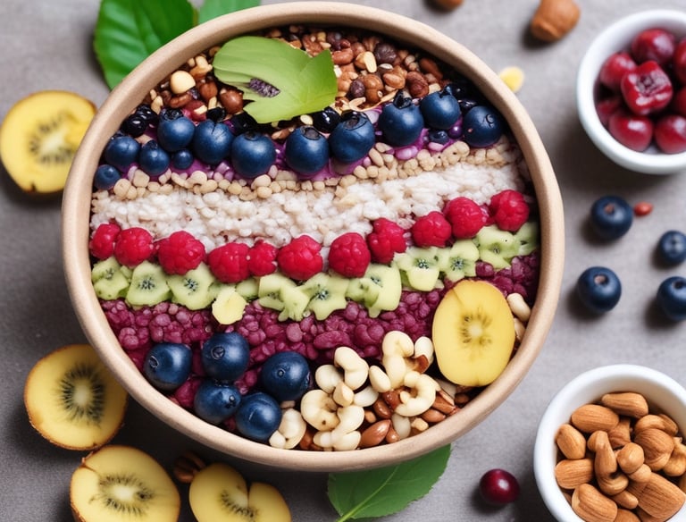 Two smoothie cups are placed on a wooden table, each with a black straw. The left smoothie is green and garnished with blueberries and possibly shredded coconut. The right smoothie has a light blueish-gray color, also garnished with blueberries, goji berries, and shredded coconut. Both cups have a bright yellow sticker with a sun logo.