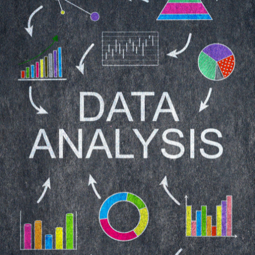 Data analysis infographic on chalkboard featuring colorful bar graphs, pie charts, and business growth diagrams.