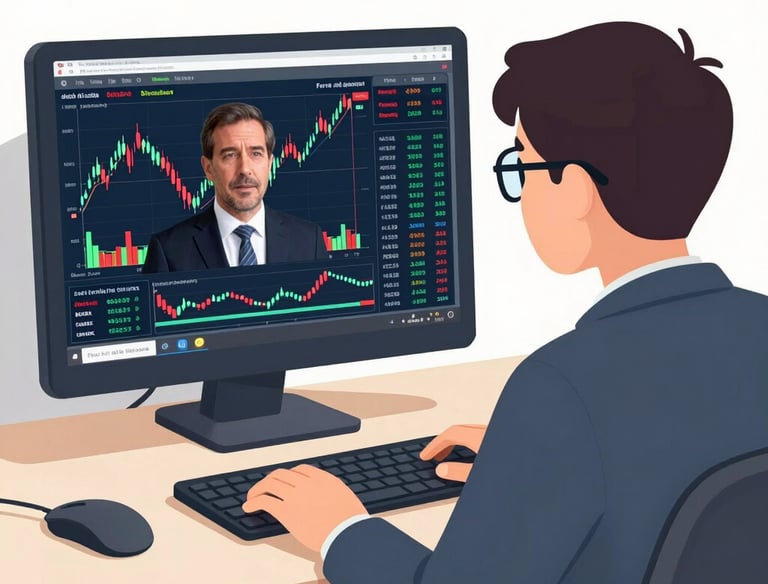 Man watching a financial analyst on a computer screen with stock market trading charts.