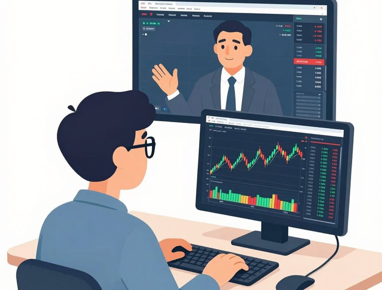 A trader analyzing stock market charts on dual monitors while watching a financial webinar.