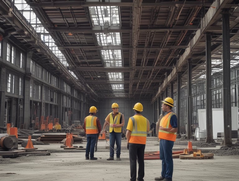 Several individuals in work attire are observing steel beams in an industrial setting, with storage buildings on one side and a silo in the background.