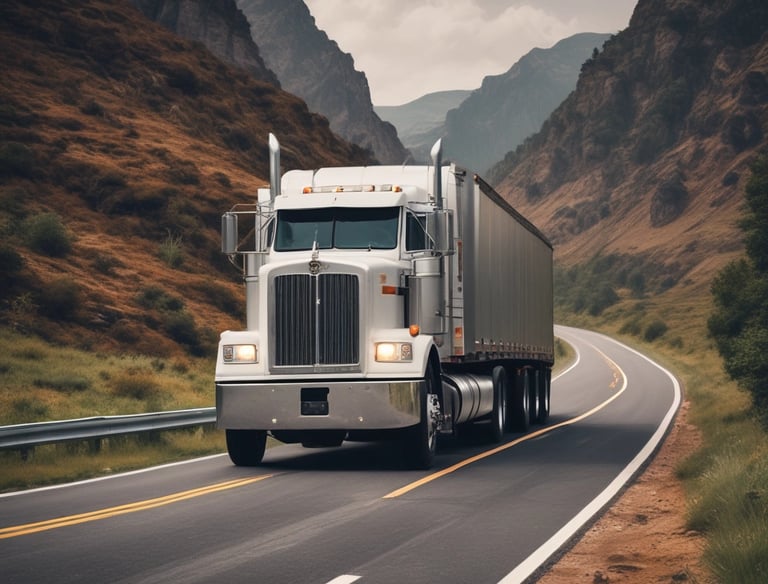 A black truck parked in an industrial area is loaded with large metal cabinets and a roll of white material. The truck's bed is wooden and surrounded by various parked vehicles in a warehouse environment.