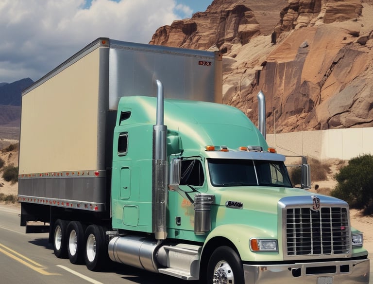 A series of trucks are parked or stationery on a road, including a white trailer with company branding, a white and blue pickup truck, and a large red dump truck with a raised bed.