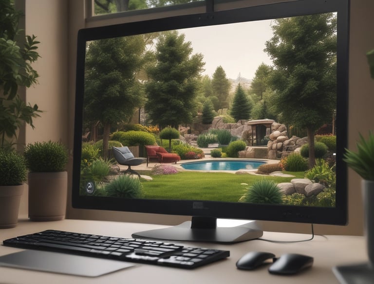 A professional landscaper sketching garden plans on a clipboard outdoors.