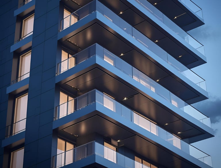 "Modern glass railing design for luxury high-rise apartment"