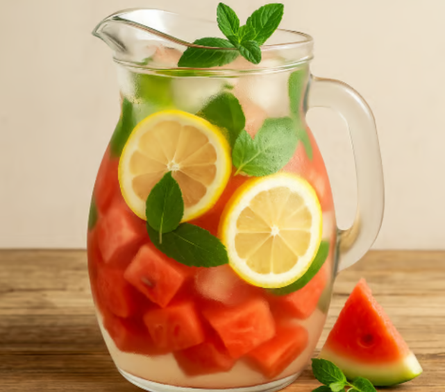a pitcher of watermelon with slices of watermelon