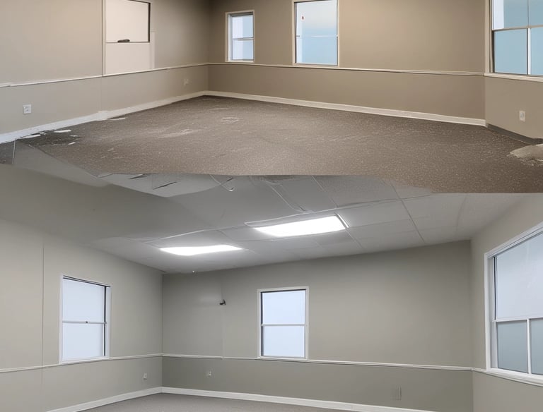 A modern interior space featuring a large abstract painting with shades of blue and white, mounted on a dark patterned wall. The painting is flanked by two elegant lamps with beige lampshades, emitting a warm light that softly illuminates the area. The background consists of decorative wall panels with an interlocking circular design.