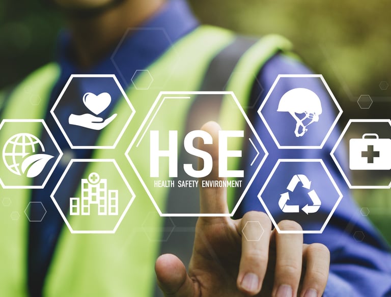 Gráfico de Health, Safety, Environment (HSE) con iconos de seguridad, salud y medio ambiente, usado 