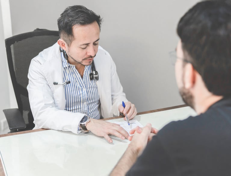 Médico atendiendo a un paciente en consulta, ofreciendo servicios médicos para empresas.