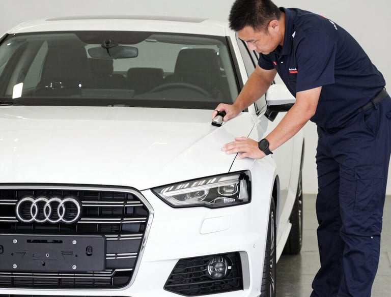 Inspector examining a vehicle before purchase for engineering integrity.