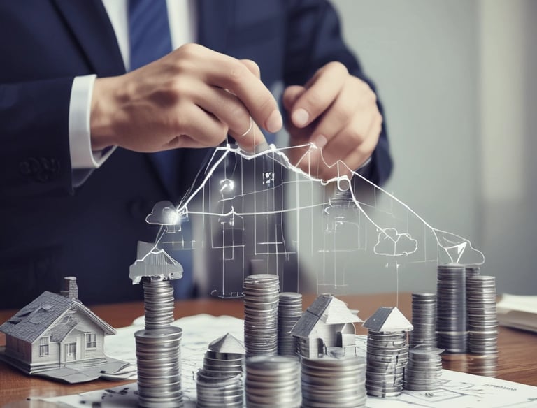A hand is holding a smartphone displaying a financial application. The screen shows a chart with a growth prediction in percentage, and sections labeled Personal, Retirement, and Custodial. The chart predicts cash invested and saved over a period of time, with specific dollar values provided for future growth.